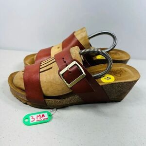 Yokono Womens Wedge Sandals Size 9 Brown Wide Leather Straps Big Buckle